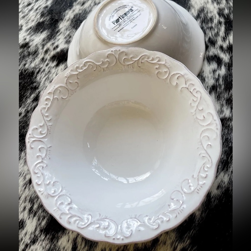 Pier 1 Imports Antique Scroll Cereal Soup Bowls  White Set of 2